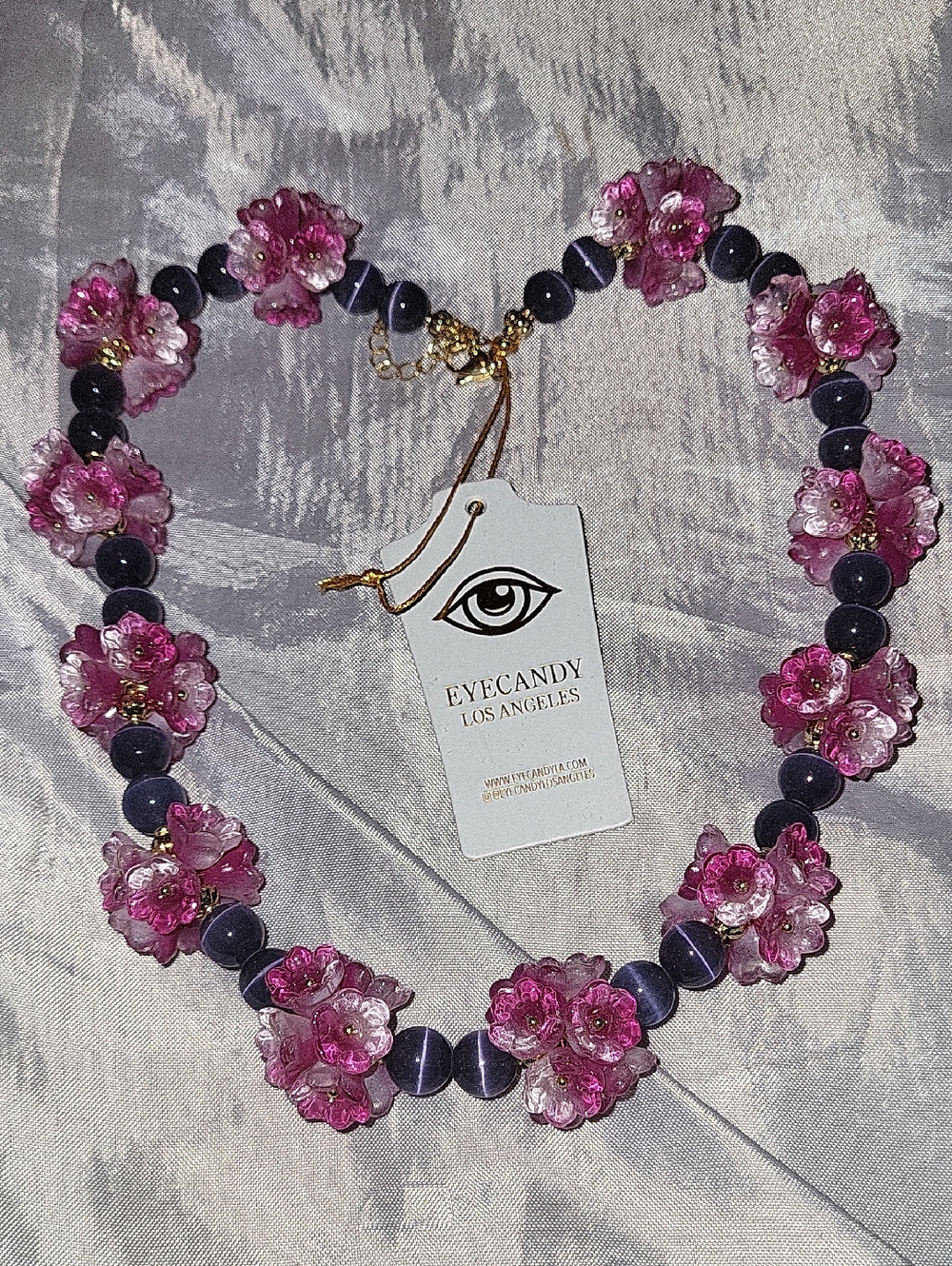 eye candy Pink Floral Statement Necklace with Purple Beads